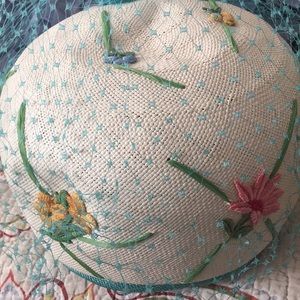 Vintage Eva Mae straw flower embroidered hat